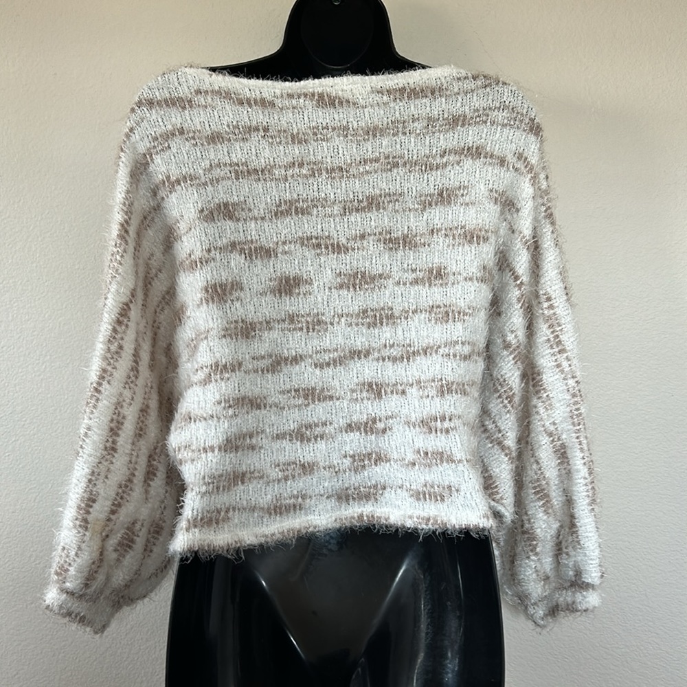Jolie Cream and Brown Fuzzy Striped Dolman Sleeve Boat Neck Sweater - Picture 5 of 6